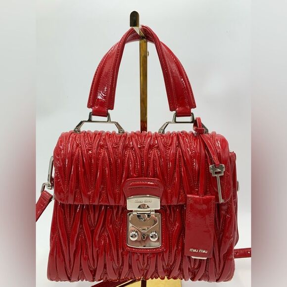 Auth Miu Miu Red Matelasse Enamel Leather 2way Madras Top Handle Handbag - Picture 9 of 16